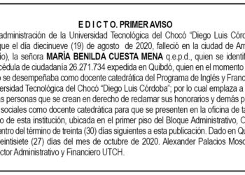 Edicto 1er. aviso María Benilda Cuesta Mena