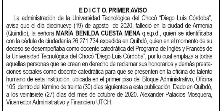 Edicto 1er. aviso María Benilda Cuesta Mena