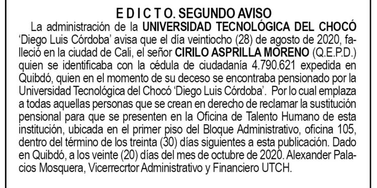 Edicto 2do. aviso Cirilo Asprilla Moreno