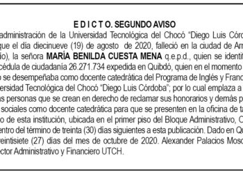 Edicto 2do. aviso María Benilda Cuesta Mena