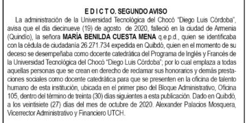 Edicto 2do. aviso María Benilda Cuesta Mena
