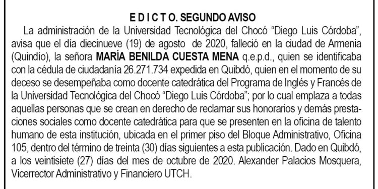 Edicto 2do. aviso María Benilda Cuesta Mena
