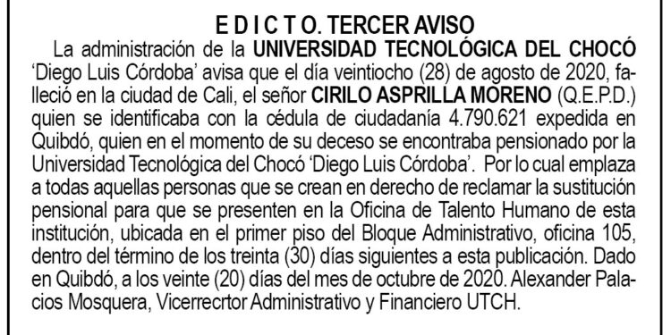 Edicto 3er. aviso Cirilo Asprilla Moreno