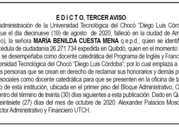 Edicto 3er. aviso María Benilda Cuesta Mena