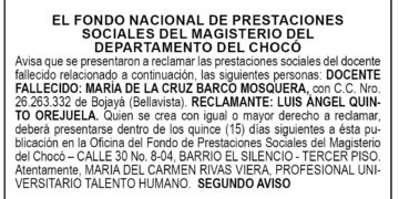 Edicto 2do. aviso María de la Cruz Barco Mosquera