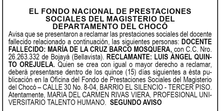 Edicto 2do. aviso María de la Cruz Barco Mosquera