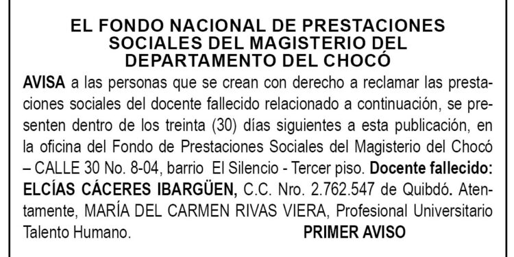 Edicto 1er. aviso Elcías Cáceres Ibargüen