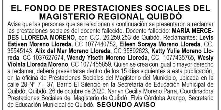 Edicto 2do. aviso María Mercedes Lloreda Moreno