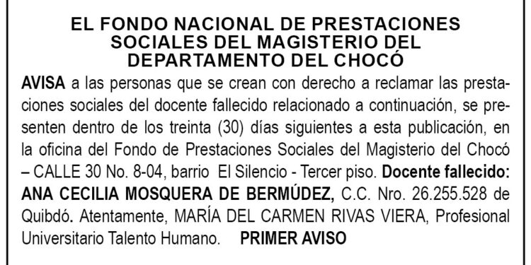 Edicto 1er. aviso Ana Cecilia Mosquera de Bermúdez