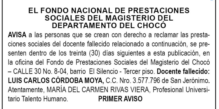 Edicto 1er. aviso Luis Carlos Córdoba Moya
