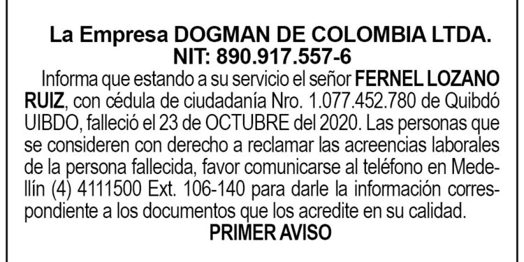 Edicto 1er. aviso Fernel Lozano Ruiz