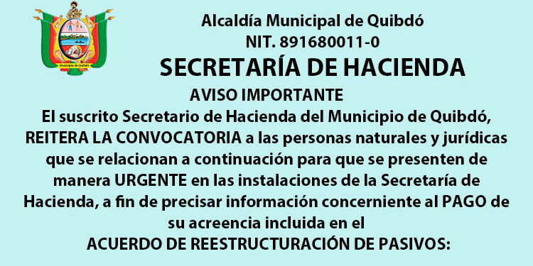 Aviso importante de la Secretaría de Hacienda de Quibdó