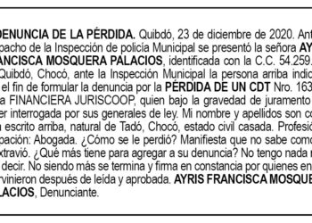 Pérdida CDT. Ayris Francisca Mosquera Palacios