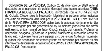 Pérdida CDT. Ayris Francisca Mosquera Palacios