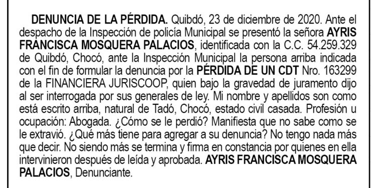 Pérdida CDT. Ayris Francisca Mosquera Palacios