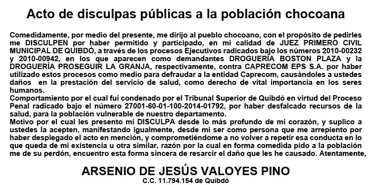 Acto de disculpas públicas a la población chocoana