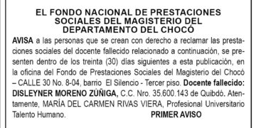Edicto 1er. aviso Disleyner Moreno Zúñiga