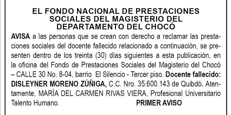 Edicto 1er. aviso Disleyner Moreno Zúñiga
