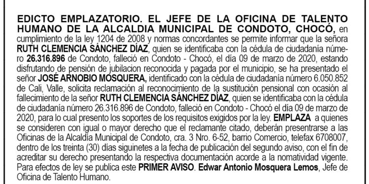 Edicto 1er. aviso Ruth Clemencia Sánchez Díaz