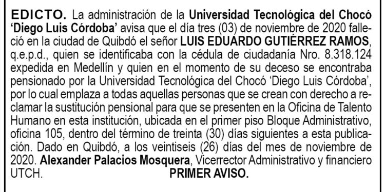 Edicto 1er. aviso Luis Eduardo Gutiérrez Ramos