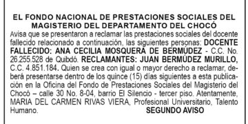 Edicto 2do. aviso Ana Cecilia Mosquera de Bermúdez