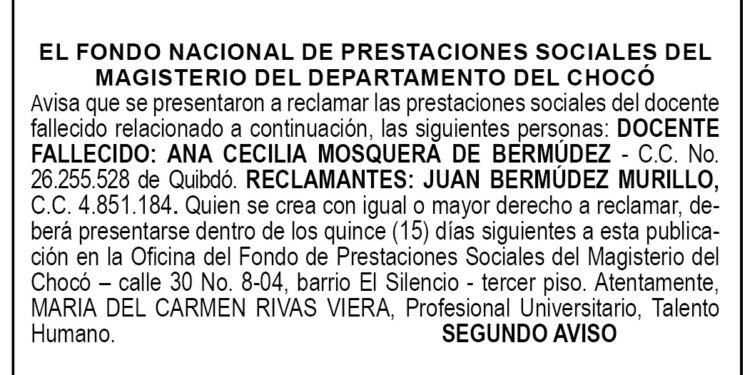 Edicto 2do. aviso Ana Cecilia Mosquera de Bermúdez