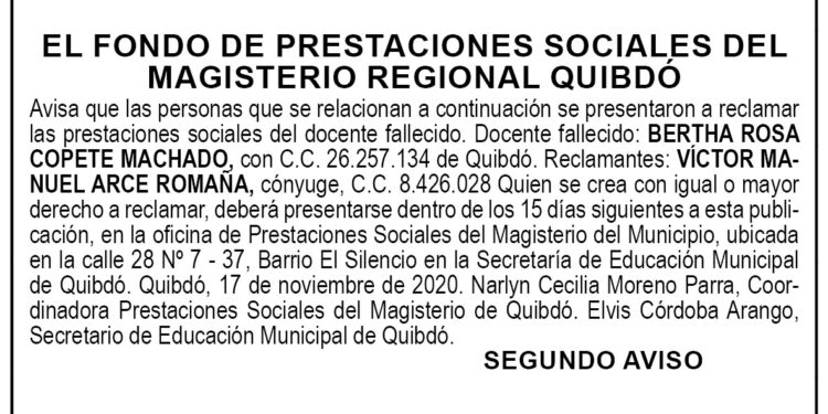 Edicto 2do. aviso Bertha Rosa Copete Machado
