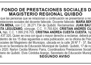 Edicto 2do. aviso María Benilda Cuesta Mena