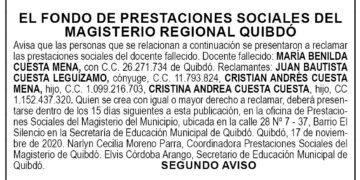 Edicto 2do. aviso María Benilda Cuesta Mena