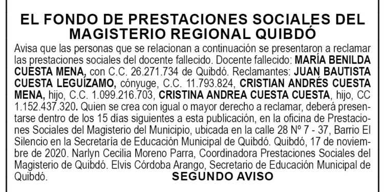 Edicto 2do. aviso María Benilda Cuesta Mena