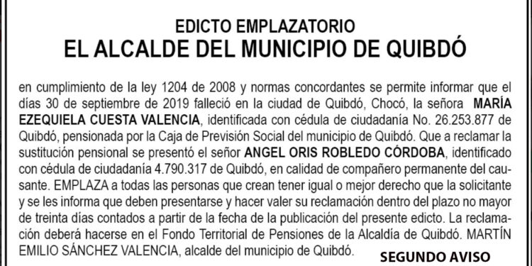 Edicto 2do. aviso María Ezequiela Cuesta Valencia