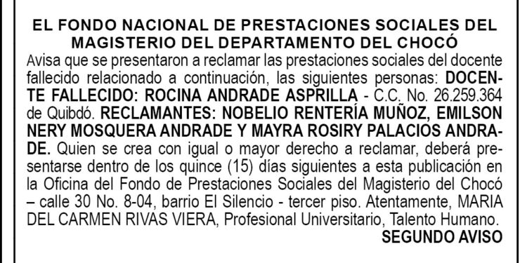 Edicto 2do. aviso Rocina Andrade Asprilla