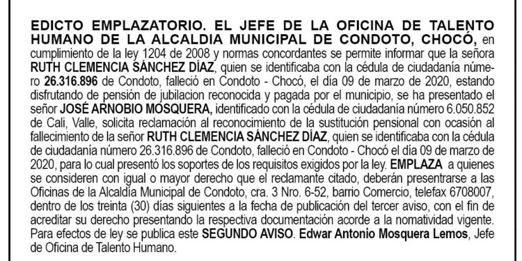 Edicto 2do. aviso Ruth Clemencia Sánchez Díaz