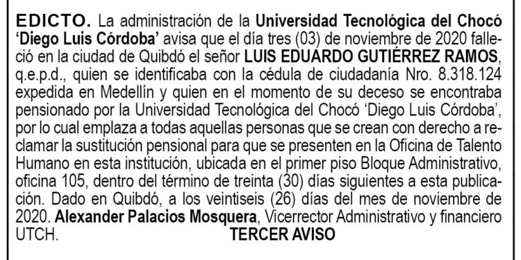 Edicto 3er. aviso Luis Eduardo Gutiérrez Ramos