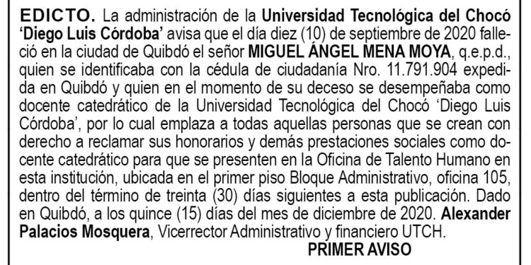 Edicto 1er. aviso Miguel Ángel Mena Moya