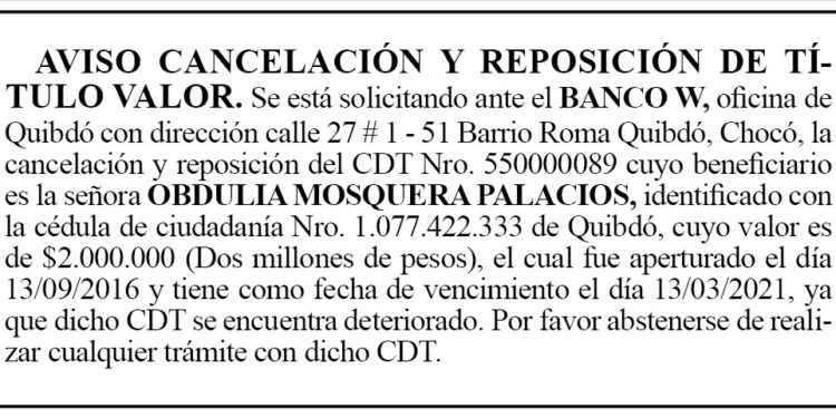 Cancelación y reposición de Título Valor