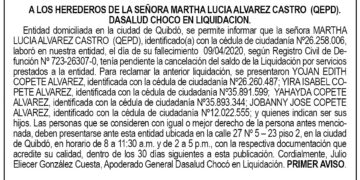 Edicto 1er. aviso Martha Lucía Álvarez Castro