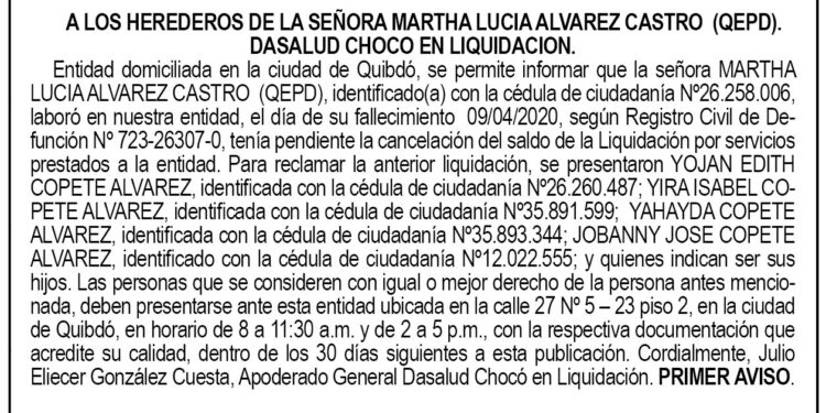 Edicto 1er. aviso Martha Lucía Álvarez Castro