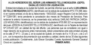 Edicto 1er. aviso. Luis Armando Tello Mosquera