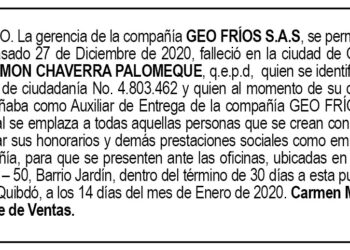 Edicto 1er. aviso Ramón Chaverra Palomeque