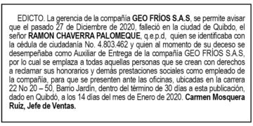 Edicto 1er. aviso Ramón Chaverra Palomeque