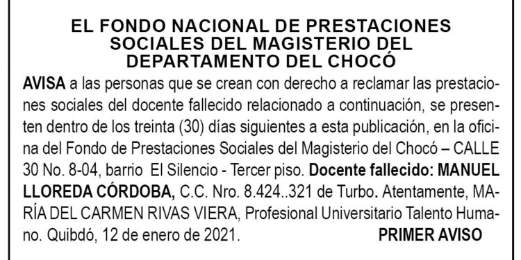 Edicto 1er. aviso Manuel Lloreda Córdoba