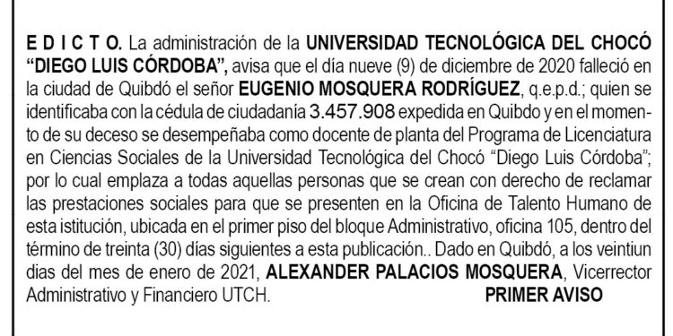 Edicto 1er. aviso Eugenio Mosquera Rodríguez