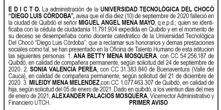 Edicto 1er. aviso Miguel Ángel Mena Mayo