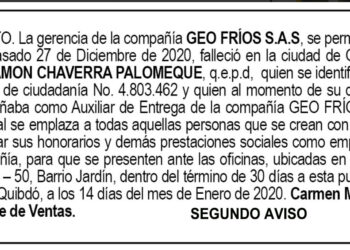 Edicto 2do. aviso Ramón Chaverra Palomeque