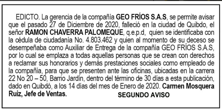 Edicto 2do. aviso Ramón Chaverra Palomeque