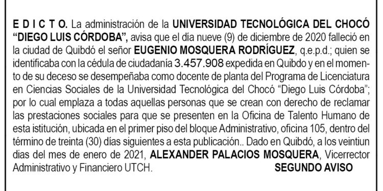 Edicto 2do. aviso Eugenio Mosquera Rodríguez