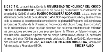 Edicto 3er. aviso Eugenio Mosquera Rodríguez