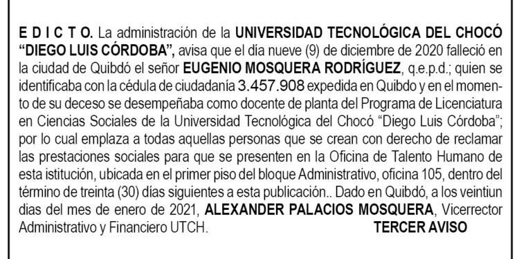 Edicto 3er. aviso Eugenio Mosquera Rodríguez
