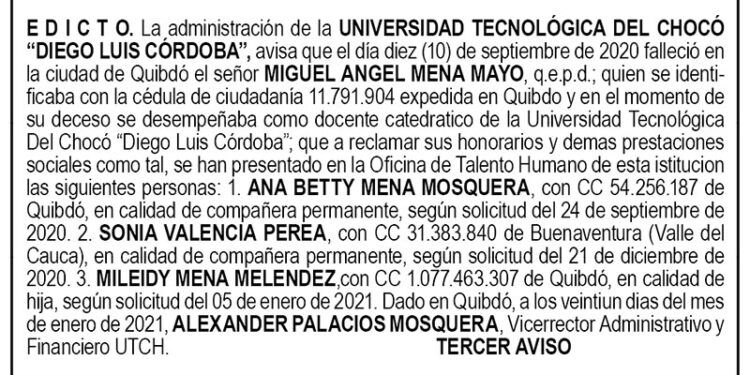 Edicto 3er. aviso Miguel Ángel Mena Mayo